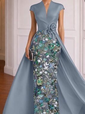 Elegant Slate Blue Floral Embellished Evening Dress
